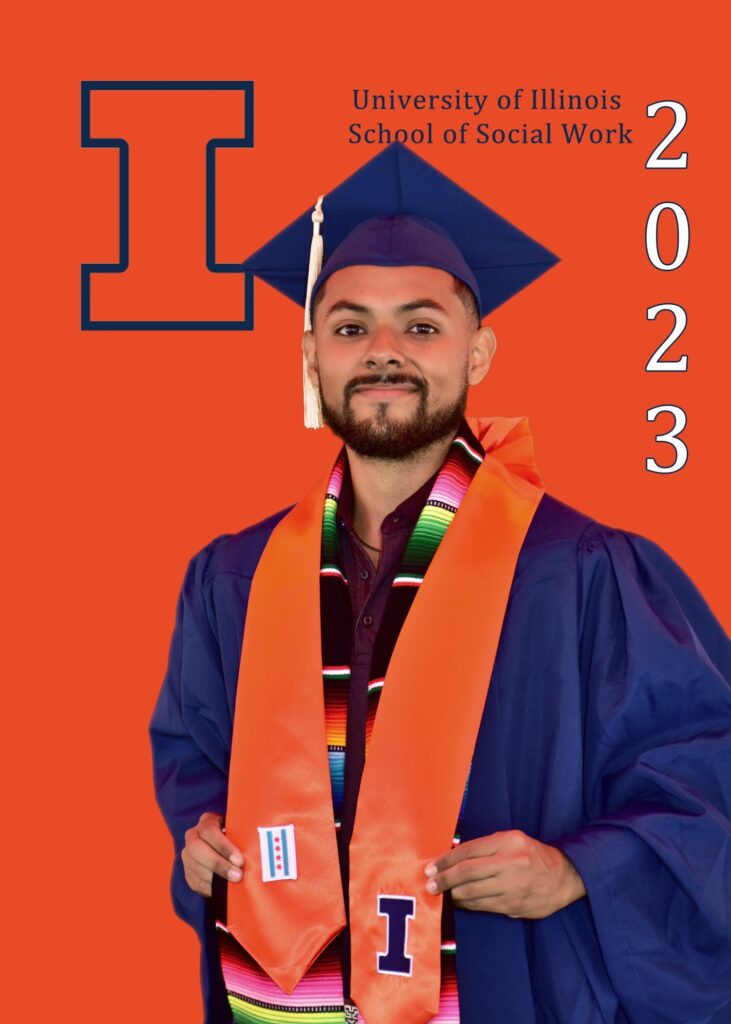 Student poses in graduation cap and gown in from the University of Illinois School of Social Work 2023 backdrop. 